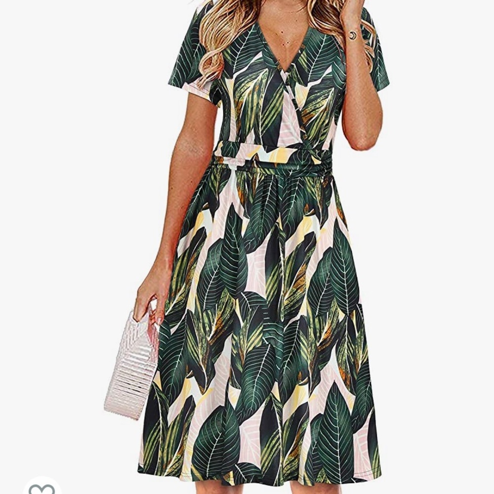 NWT OUGES Women's Summer Short Sleeve V-Neck Lead Print Dress w/ Pockets - Sz XL